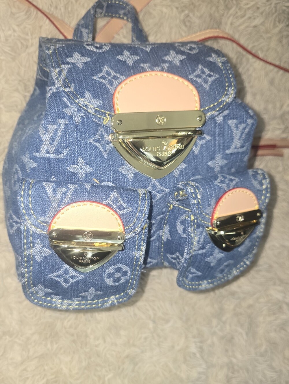 Cotton Remix Blue Monogram Denim Midi Backpack Tan Trim - Picture 14 of 16